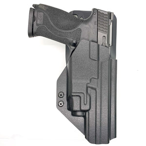 For the best Outside Waistband Duty & Competition OWB Kydex Holster designed to fit the Smith & Wesson Performance Center M&P M2.0 5.6" 10MM pistol with thumb safety and Streamlight TLR-8A weapon light shop Four Brothers Holsters.  Full sweat guard, adjustable retention, profiled for a red dot sight. Made in the USA.