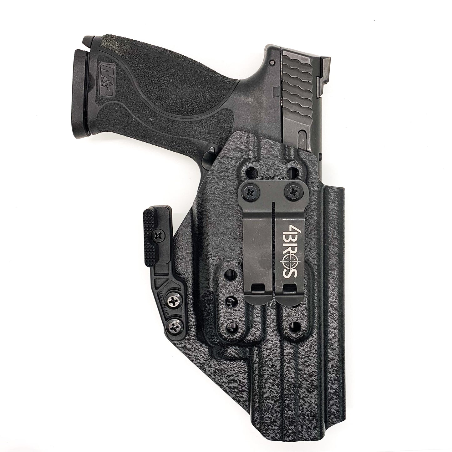 For the Best IWB AIWB Inside Waistband Kydex Taco Holster designed to fit the Smith and Wesson M&P 5.6" Performance Center 10MM M2.0 pistol with thumb safety & TLR-8A, shop Four Brothers Holsters.  Full sweat guard, adjustable retention, profiled for a red dot sight. Made in the USA for veterans and law enforcement. 