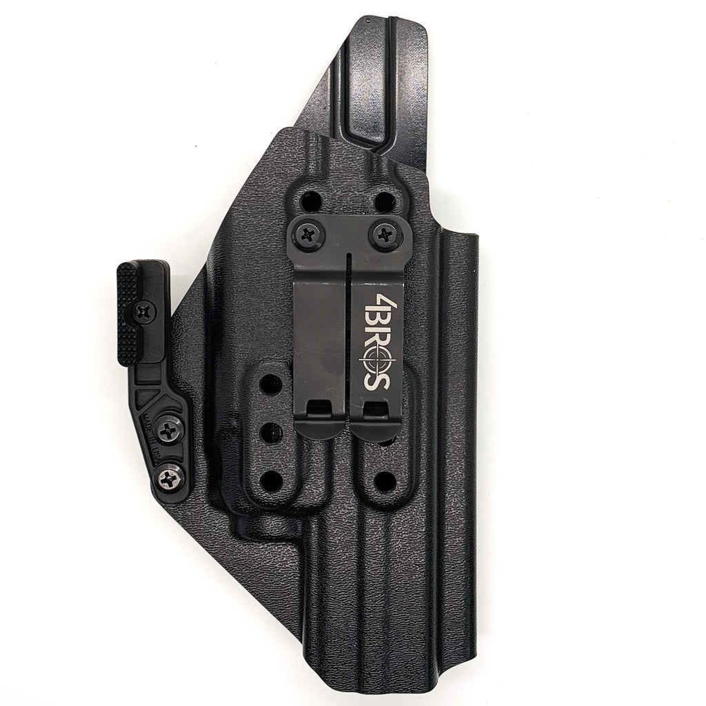 For the Best IWB AIWB Inside Waistband Kydex Taco Holster designed to fit the Smith and Wesson M&P 5.6" Performance Center 10MM M2.0 pistol with thumb safety & TLR-8A, shop Four Brothers Holsters.  Full sweat guard, adjustable retention, profiled for a red dot sight. Made in the USA for veterans and law enforcement. 