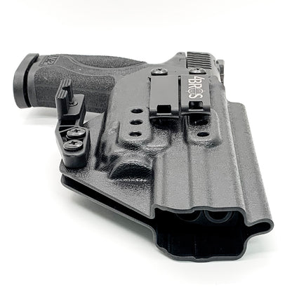 For the Best IWB AIWB Inside Waistband Kydex Taco Holster designed to fit the Smith and Wesson M&P 5.6" Performance Center 10MM M2.0 pistol with thumb safety & TLR-8A, shop Four Brothers Holsters.  Full sweat guard, adjustable retention, profiled for a red dot sight. Made in the USA for veterans and law enforcement. 