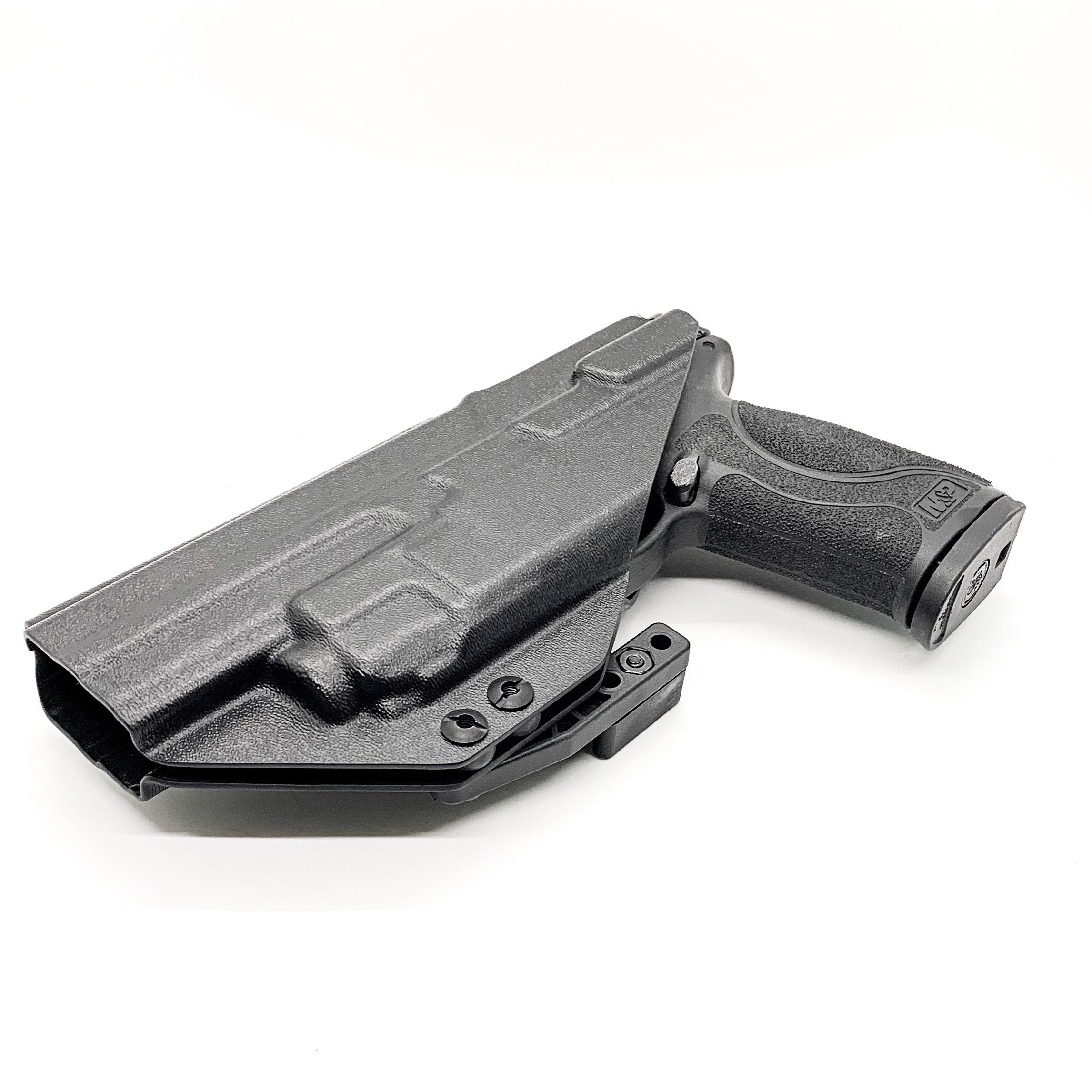 For the Best IWB AIWB Inside Waistband Kydex Taco Holster designed to fit the Smith and Wesson M&P 4" and 4.6" 10MM M2.0 pistol with thumb safety & TLR-8A, shop Four Brothers Holsters.  Full sweat guard, adjustable retention, profiled for a red dot sight. Made in the USA for veterans and law enforcement. 