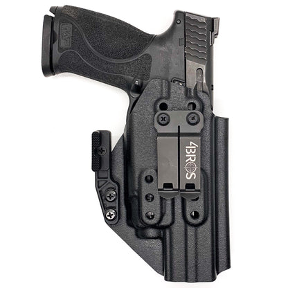 For the Best IWB AIWB Inside Waistband Kydex Taco Holster designed to fit the Smith and Wesson M&P 4" and 4.6" 10MM M2.0 pistol with thumb safety & TLR-8A, shop Four Brothers Holsters.  Full sweat guard, adjustable retention, profiled for a red dot sight. Made in the USA for veterans and law enforcement. 