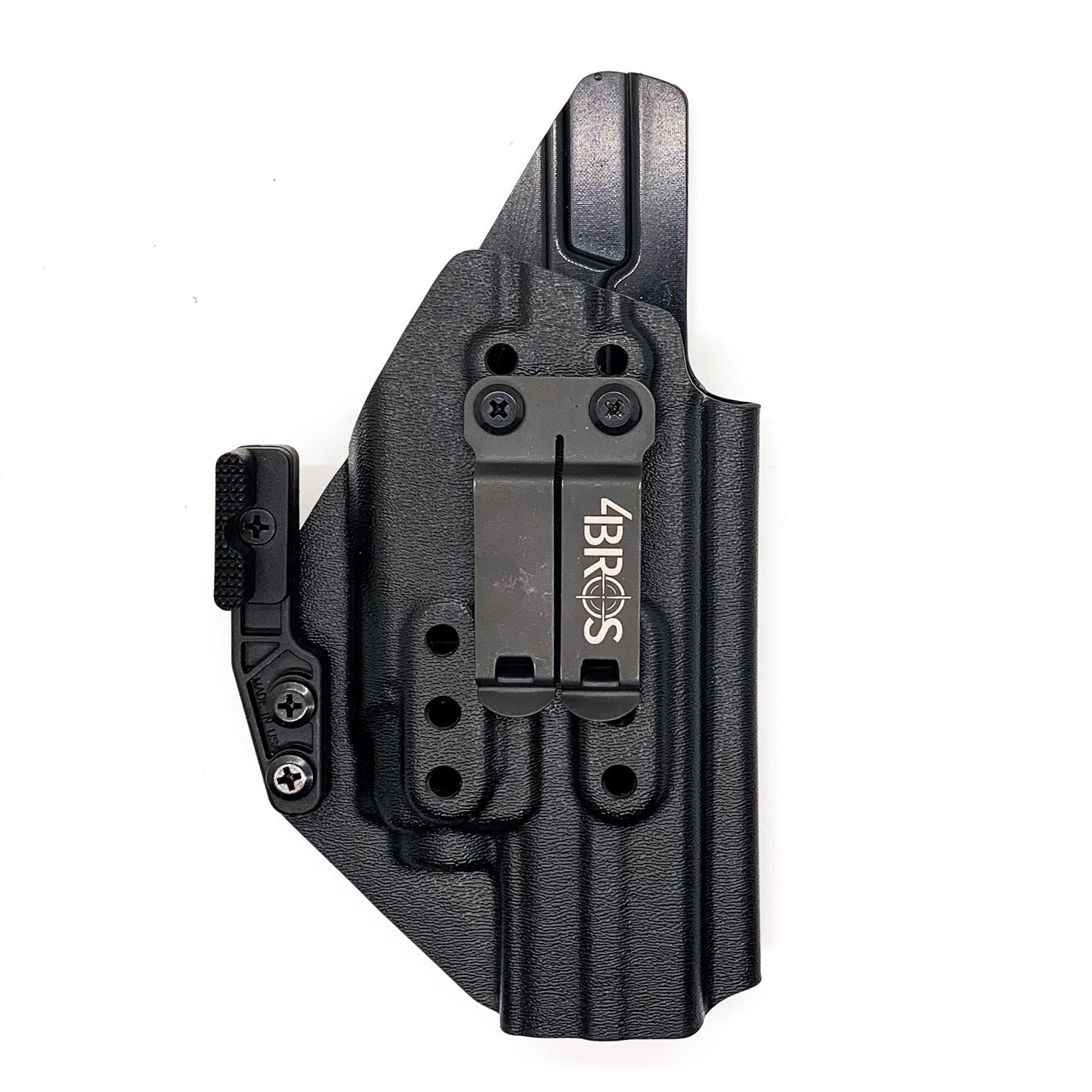 For the Best IWB AIWB Inside Waistband Kydex Taco Holster designed to fit the Smith and Wesson M&P 4" and 4.6" 10MM M2.0 pistol with thumb safety & TLR-8A, shop Four Brothers Holsters.  Full sweat guard, adjustable retention, profiled for a red dot sight. Made in the USA for veterans and law enforcement. 