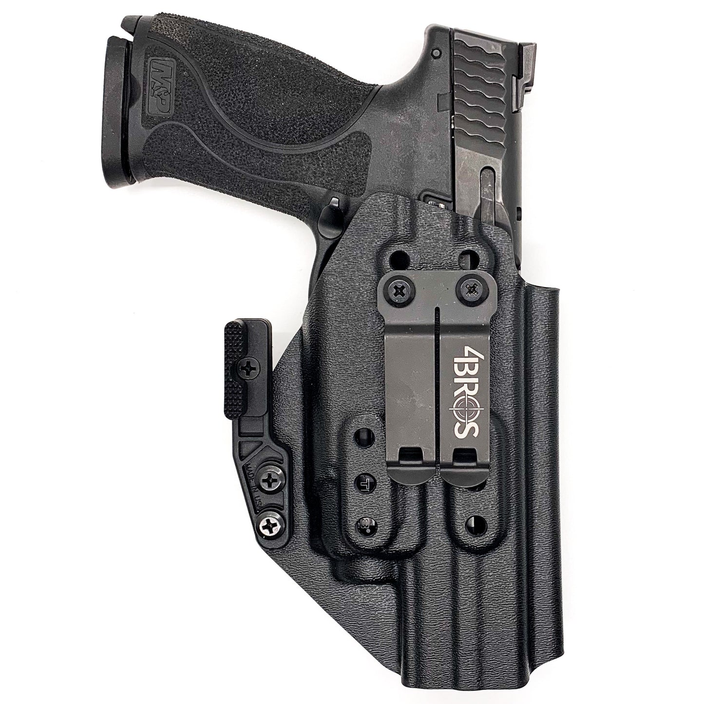 For the best inside Waistband IWB AIWB Kydex Holster designed to fit the Smith & Wesson M&P M2.0 5" pistols with the Streamlight TLR-8 or TLR-8A light mounted to the pistol shop Four Brothers Holsters. Full sweat guard, adjustable retention, smooth edges reduces printing. Cleared for red dot sights. Made in the USA. 