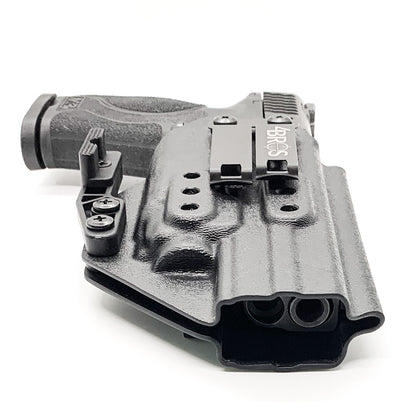 For the best inside Waistband IWB AIWB Kydex Holster designed to fit the Smith & Wesson M&P M2.0 5" pistols with the Streamlight TLR-8 or TLR-8A light mounted to the pistol shop Four Brothers Holsters. Full sweat guard, adjustable retention, smooth edges reduces printing. Cleared for red dot sights. Made in the USA. 