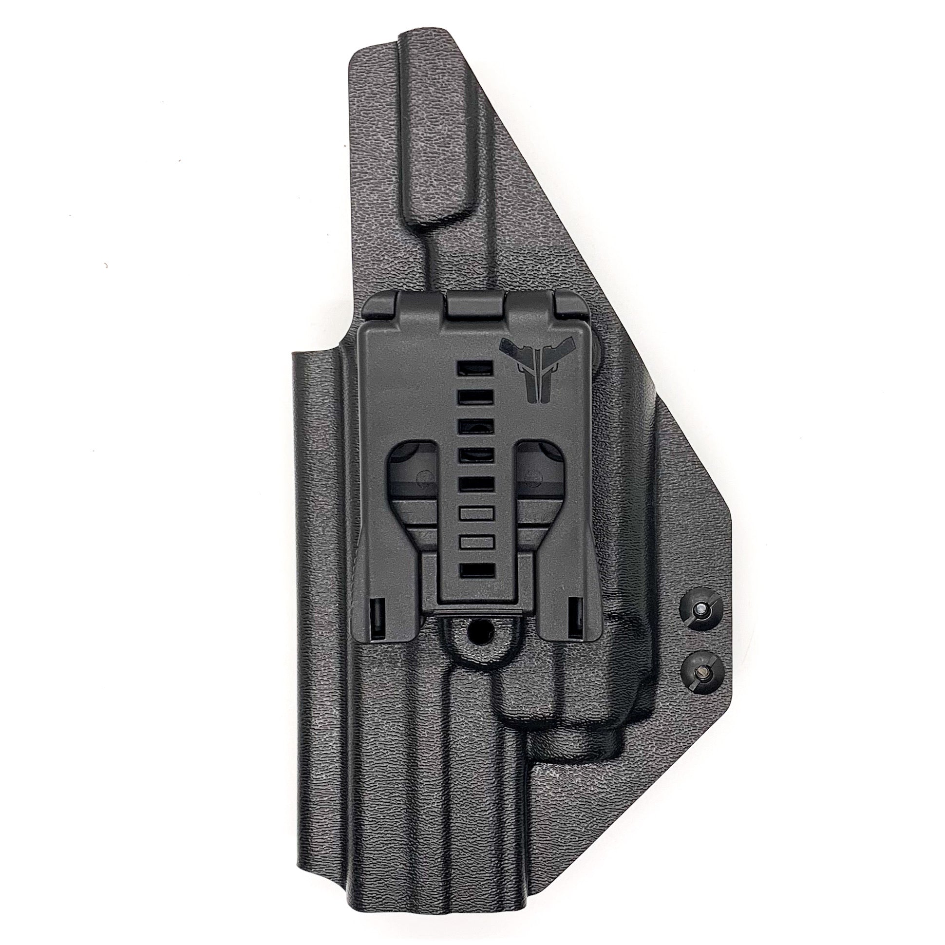For the best Outside Waistband OWB Kydex Holster designed to fit the Smith & Wesson M&P M2.0 5" pistols with the Streamlight TLR-8 or 8A light mounted to the pistol shop Four Brothers Holsters. Full sweat guard, adjustable retention, smooth edges to reduce printing. Cleared for red dot sights. Proudly made in the USA. 