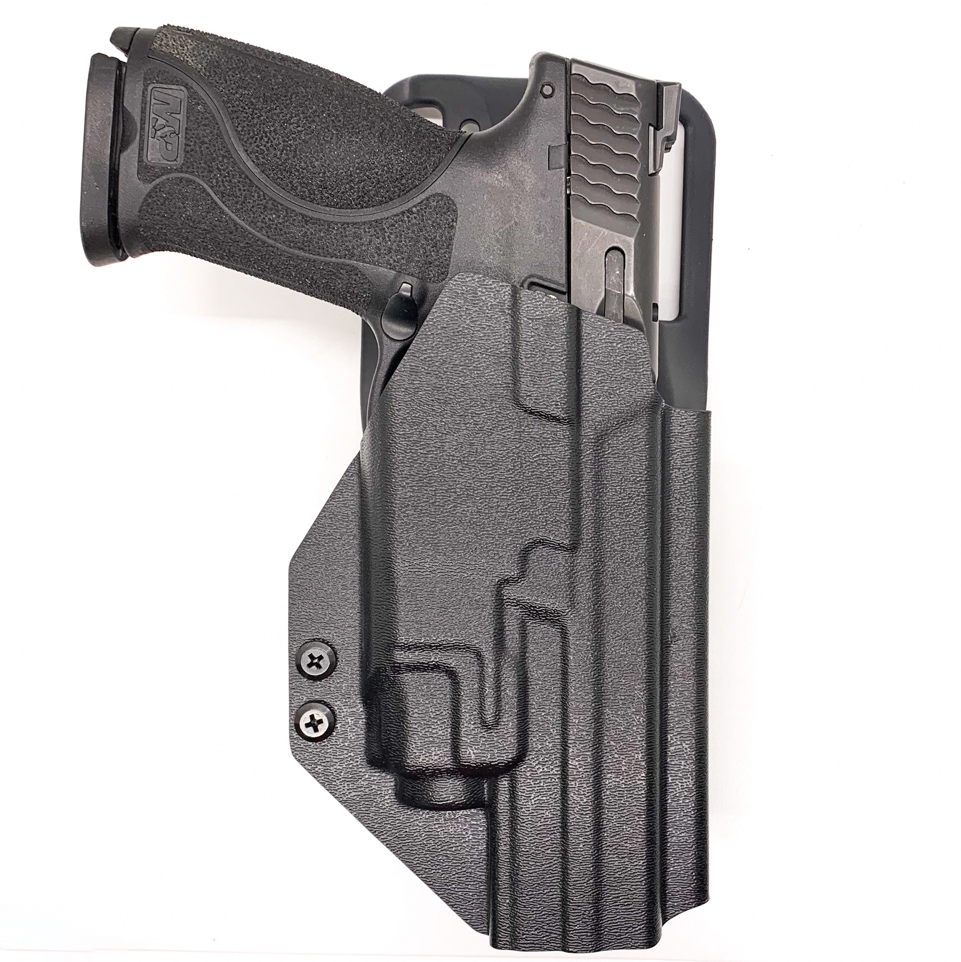 Outside Waistband Kydex Duty & Competition Holster for the Smith and Wesson M&P 9MM, 40 S&W, 45ACP M2.0 pistol with thumb safety and Streamlight TLR-8. The holster is designed to fit 4", 4.25", 4.6", and 5" barrel lengths.  Full sweat guard, adjustable retention, cleared for a red dot sight. Proudly made in the USA.