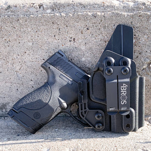 For the 2022 BEST Inside Waistband IWB AIWB Kydex Holster designed to fit the Smith and Wesson S&W Shield 9 & 40 pistol, shop Four Brothers Holsters.  Full sweat guard, adjustable retention, minimal material, & smooth edges to reduce printing. Made in the USA. Open muzzle for threaded barrel, cleared for red dot sights