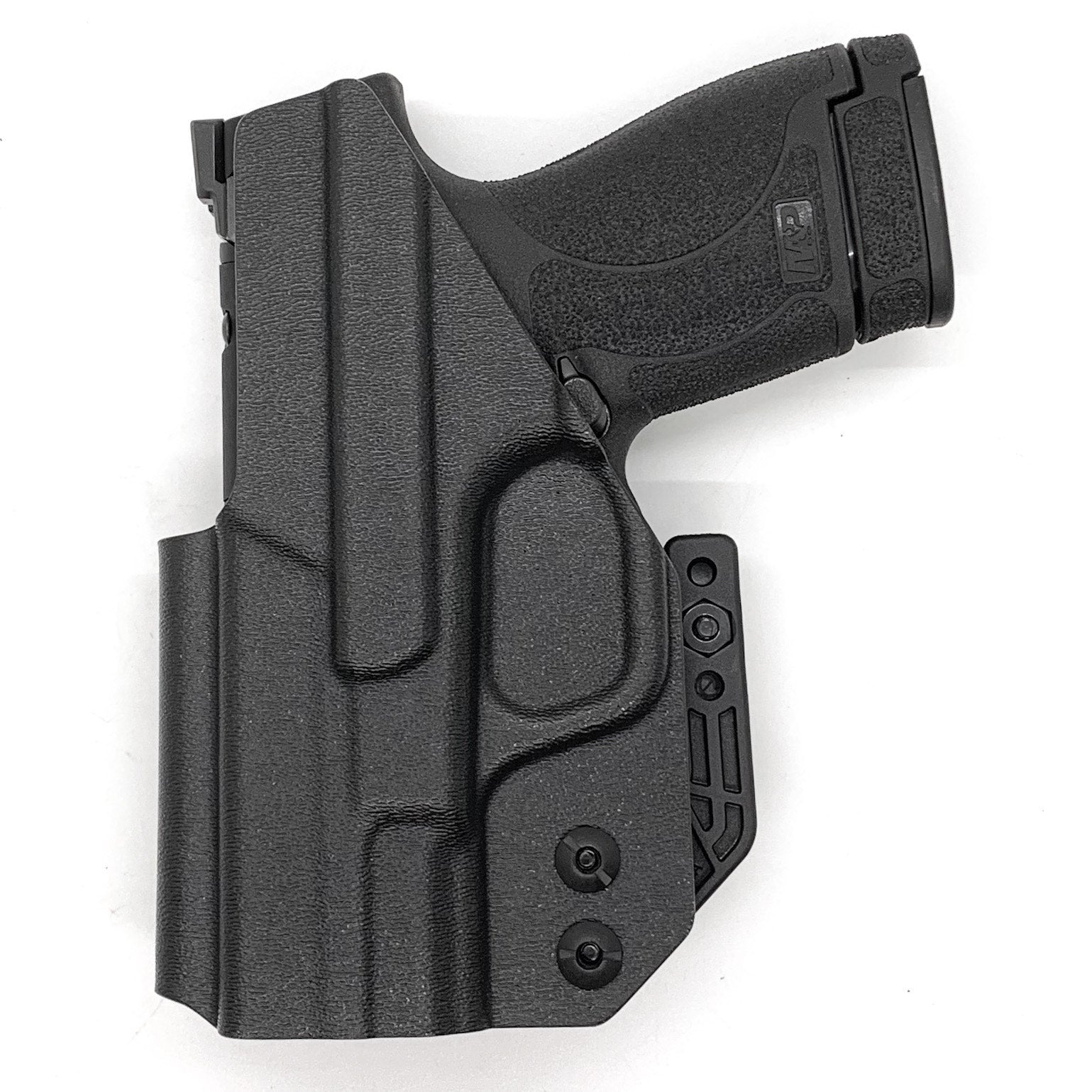 For the 2022 BEST Inside Waistband IWB AIWB Kydex Holster designed to fit the Smith and Wesson S&W Shield Plus handgun, shop Four Brothers Holsters.  Full sweat guard, adjustable retention, minimal material, & smooth edges to reduce printing. Made in the USA. Open muzzle for threaded barrel, cleared for red dot sights.