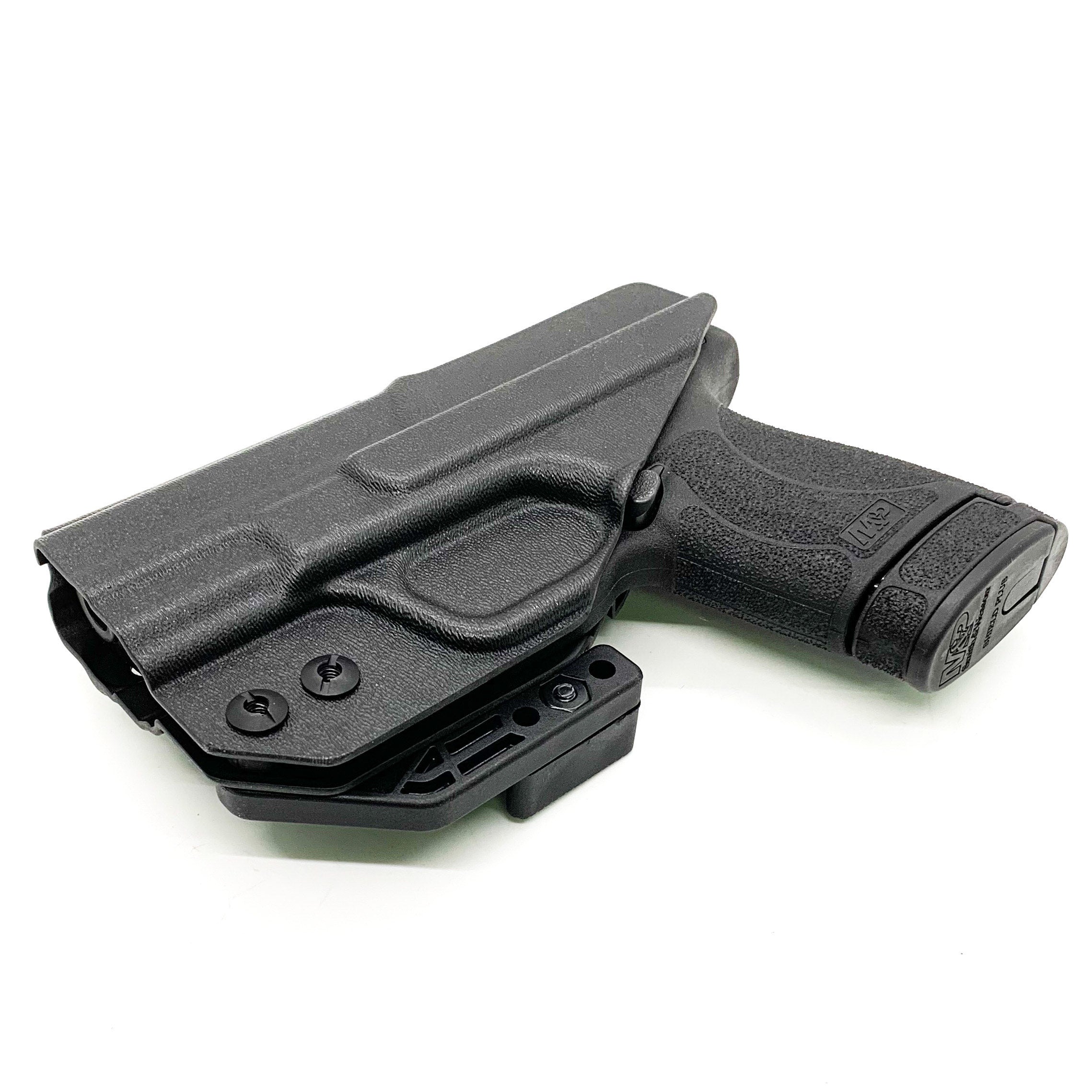 For the 2022 BEST Inside Waistband IWB AIWB Kydex Holster designed to fit the Smith and Wesson S&W Shield Plus handgun, shop Four Brothers Holsters.  Full sweat guard, adjustable retention, minimal material, & smooth edges to reduce printing. Made in the USA. Open muzzle for threaded barrel, cleared for red dot sights.