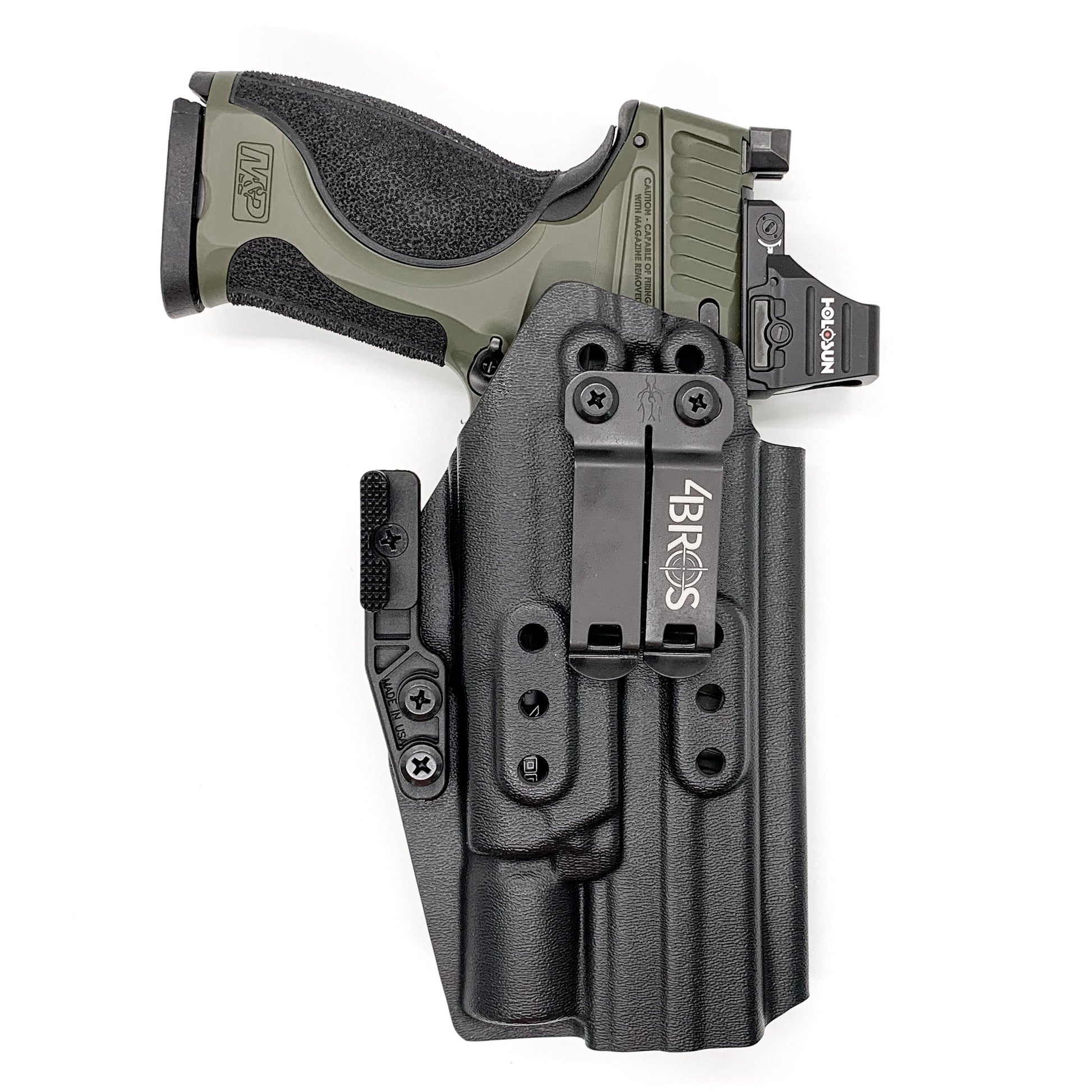 For the best Inside Waistband IWB AIWB Holster designed to fit the Smith and Wesson 2023 SPEC Series M&P 9 Metal M2.0 & Surefire X300U-A, X300U-B, X-300T-A, or X-300T-B weapon light, shop Four Brothers holsters.  Full sweat guard, adjustable retention, cleared for a red dot sight. Made in the USA. 4BROS 4Brothers Holster