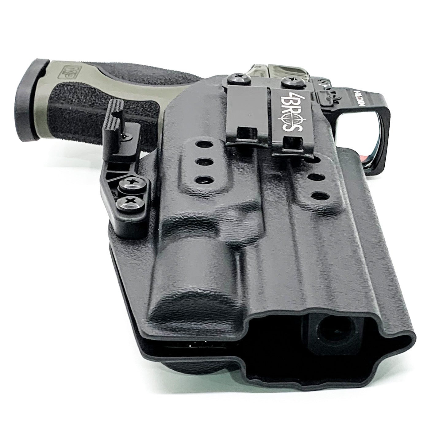 For the best Inside Waistband IWB AIWB Holster designed to fit the Smith and Wesson 2023 SPEC Series M&P 9 Metal M2.0 & Surefire X300U-A, X300U-B, X-300T-A, or X-300T-B weapon light, shop Four Brothers holsters.  Full sweat guard, adjustable retention, cleared for a red dot sight. Made in the USA. 4BROS 4Brothers Holster