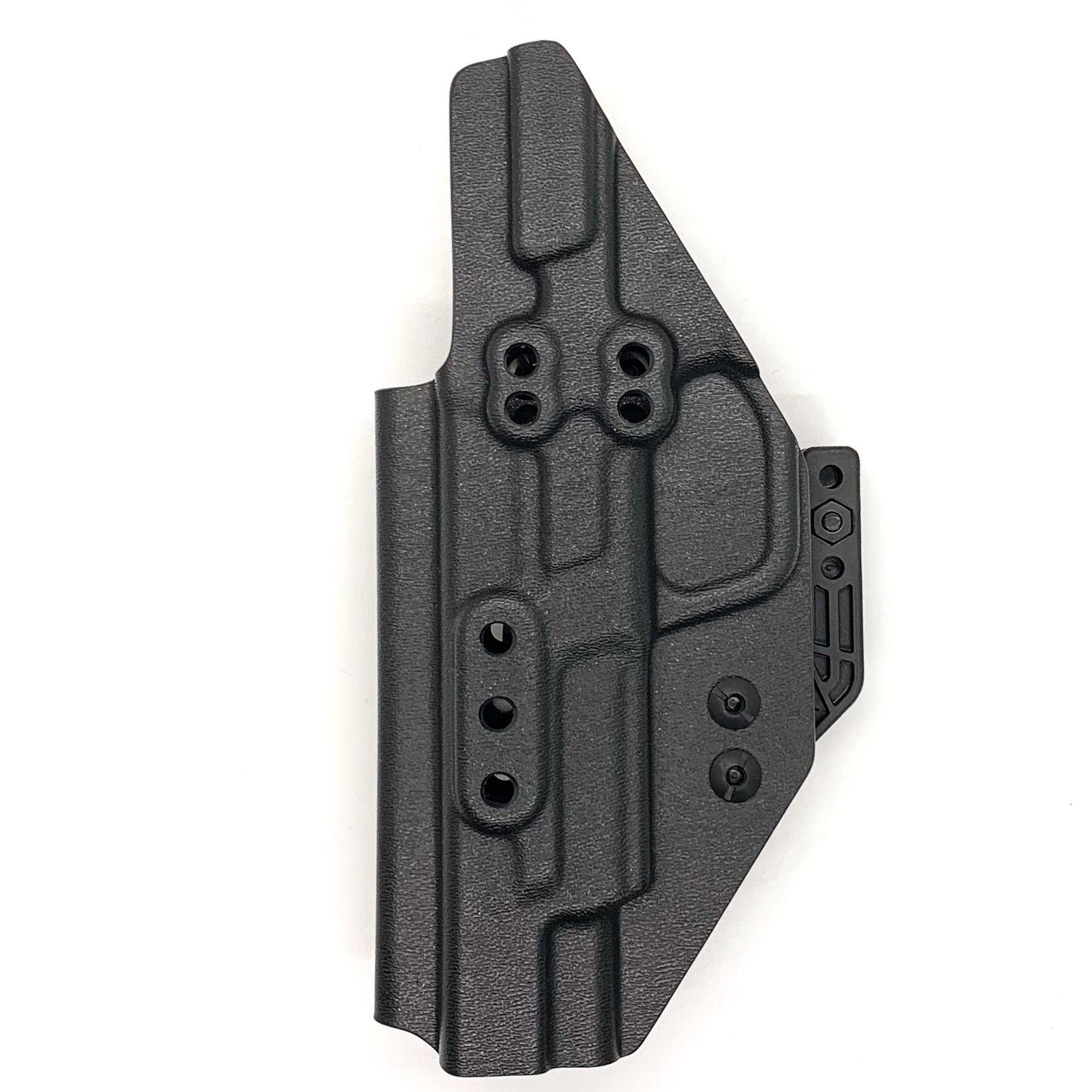 Inside Waistband Kydex Taco Holster designed to fit the Smith and Wesson M&P M2.0 pistol with thumb safety. The holster is designed to fit the 5", 4.25" & 4" barrel lengths.  Full sweat guard, adjustable retention, profiled for a red dot sight. Proudly made in the USA for veterans and law enforcement. 