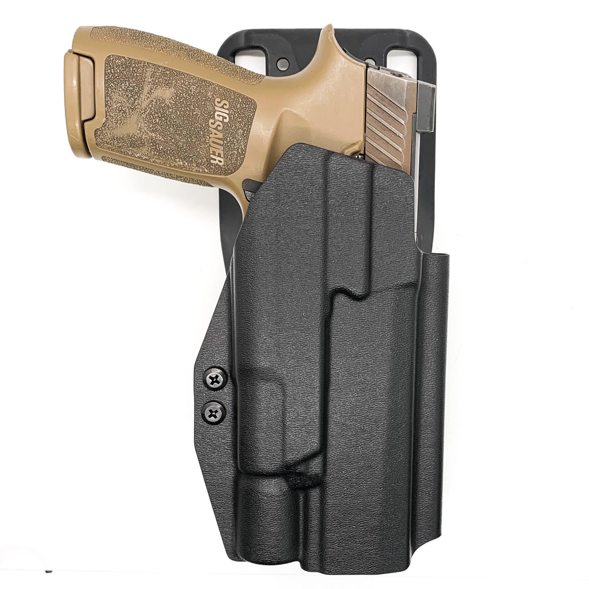 Outside Waistband Kydex Duty & Competition Holster designed to fit the Sig Sauer P320 Full Size, M18, M17, X-Five, and Carry pistols with the Surefire X300U-A or X300U-B light mounted to the pistol. Cleared for red dot sights and front suppressor height sights up to 3/8 tall.  Adjustable retention. Made in the USA