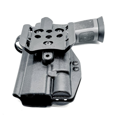 Black OWB Holster for the Sig Sauer P320 X5, Carry, M17. M18 & X-Five & Surefire X300U-A or B & Align Tactical Thumb Rest from Four Brothers Holsters