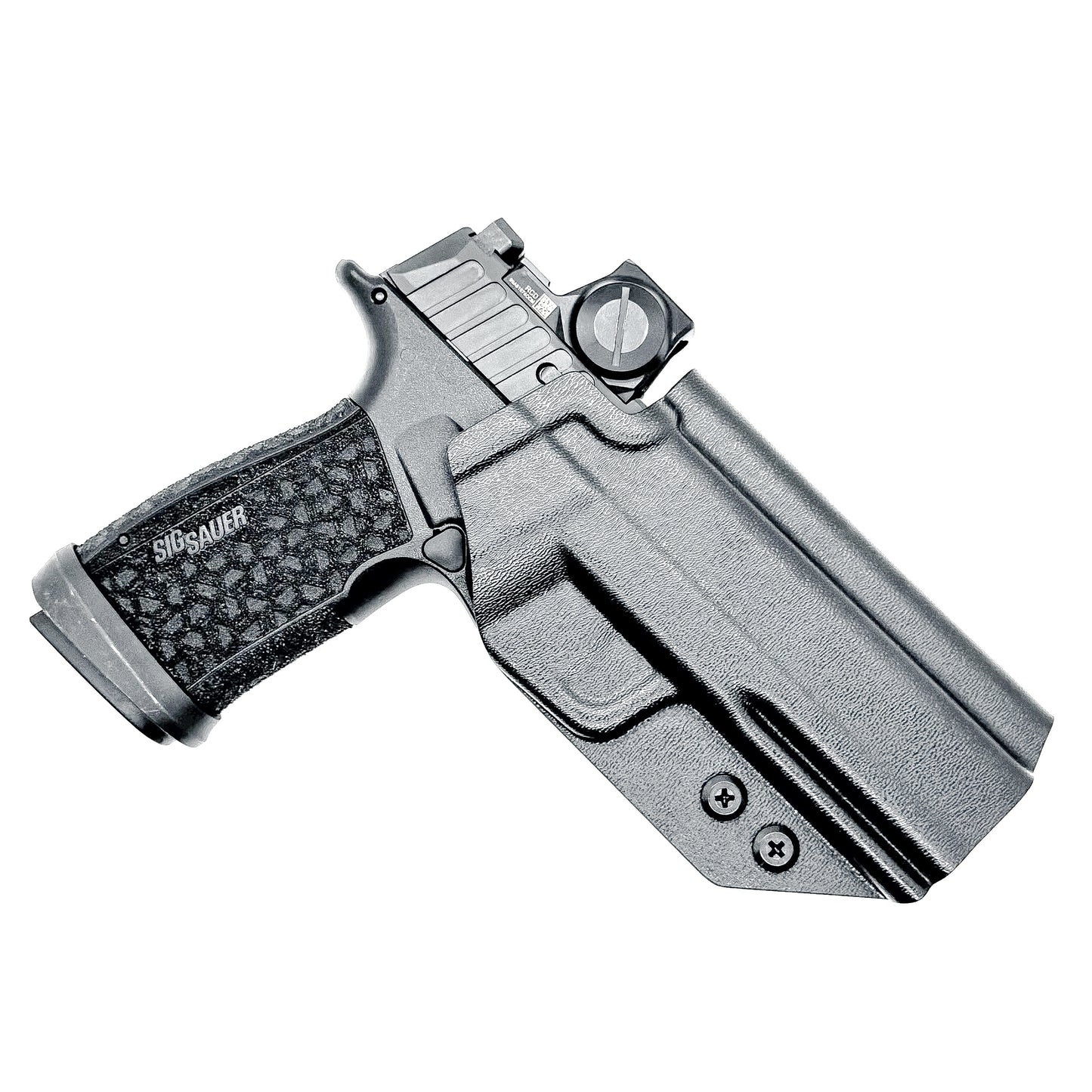 Versatile black OWB holster for Sig Sauer P365-FUSE. Ambidextrous design, optic-ready, and adjustable cant from  Four Brothers Holsters