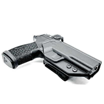 Versatile black OWB holster for Sig Sauer P365-FUSE. Ambidextrous design, optic-ready, and adjustable cant from  Four Brothers Holsters
