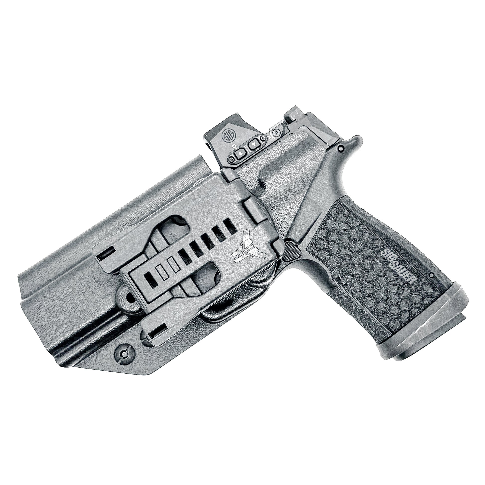 Versatile black OWB holster for Sig Sauer P365-FUSE. Ambidextrous design, optic-ready, and adjustable cant from  Four Brothers Holsters