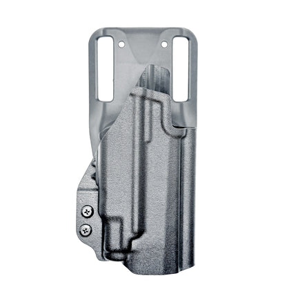 Black duty and competition-style OWB holster for Sig Sauer P365-FUSE with Icarus Precision A.C.E. 365 MACRO Grip Module and Streamlight 1913 TLR-7 Sub light.