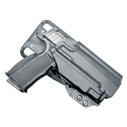 Black duty and competition-style OWB holster for Sig Sauer P365-FUSE with Icarus Precision A.C.E. 365 MACRO Grip Module and Streamlight 1913 TLR-7 Sub light.