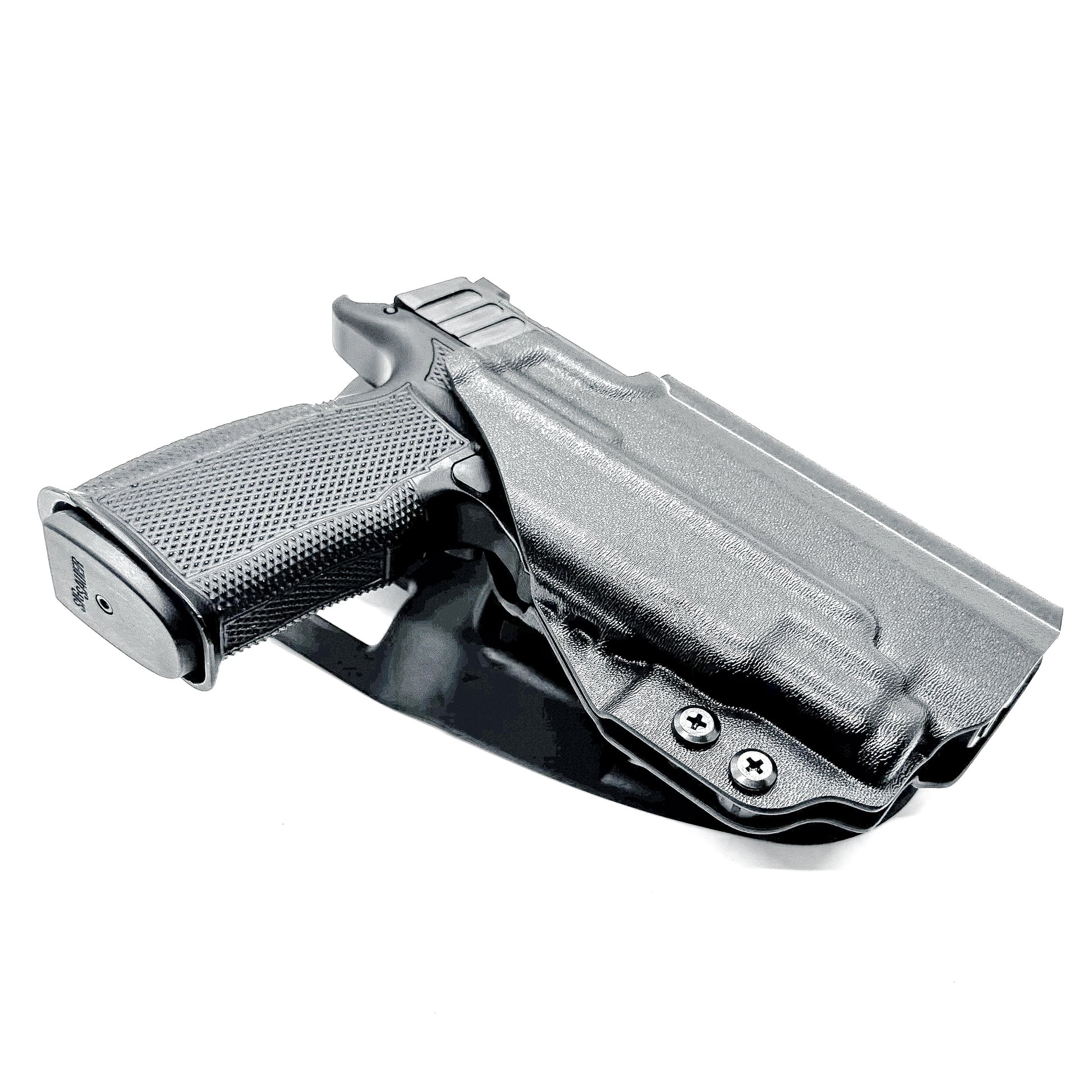 Black duty and competition-style OWB holster for Sig Sauer P365-FUSE with Icarus Precision A.C.E. 365 MACRO Grip Module and Streamlight 1913 TLR-7 Sub light.