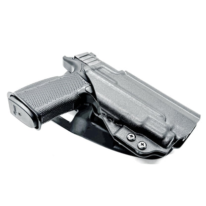 Black duty and competition-style OWB holster for Sig Sauer P365-FUSE with Icarus Precision A.C.E. 365 MACRO Grip Module and Streamlight 1913 TLR-7 Sub light.