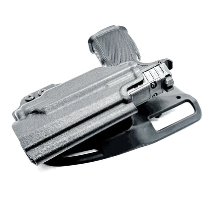 Black duty and competition-style OWB holster for Sig Sauer P365-FUSE with Icarus Precision A.C.E. 365 MACRO Grip Module and Streamlight 1913 TLR-7 Sub light.