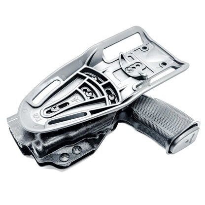 Black duty and competition-style OWB holster for Sig Sauer P365-FUSE with Icarus Precision A.C.E. 365 MACRO Grip Module and Streamlight 1913 TLR-7 Sub light.