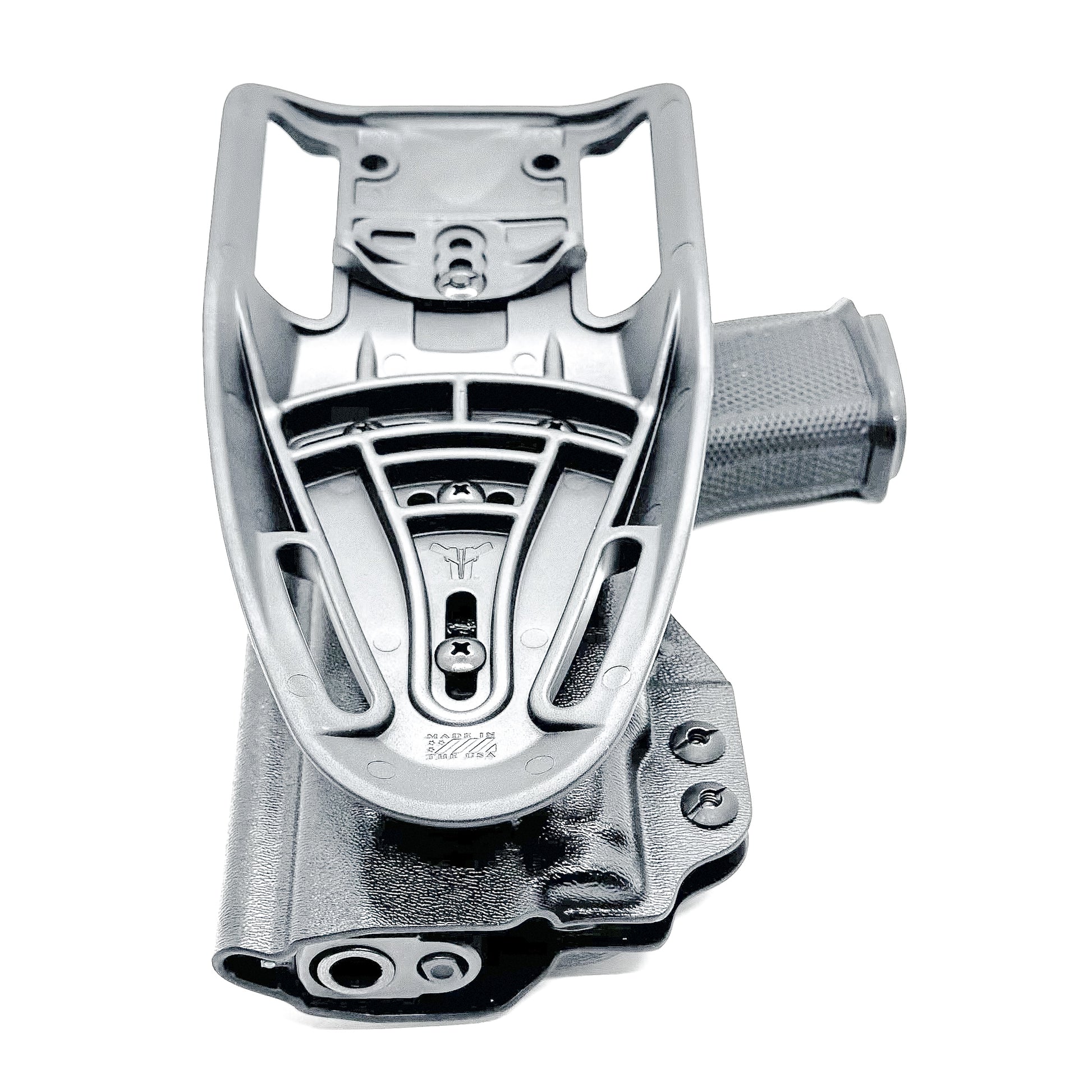 Black duty and competition-style OWB holster for Sig Sauer P365-FUSE with Icarus Precision A.C.E. 365 MACRO Grip Module and Streamlight 1913 TLR-7 Sub light.