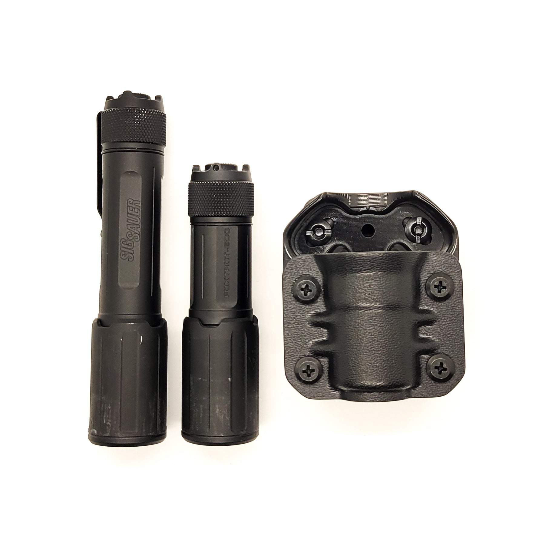 For the best Kydex Outside Waistband & Molle Compatible Sig Sauer Foxtrot-EDC Full Size, Compact & Compact Rose Flashlight Carrier, shop Four Brothers Holsters.
