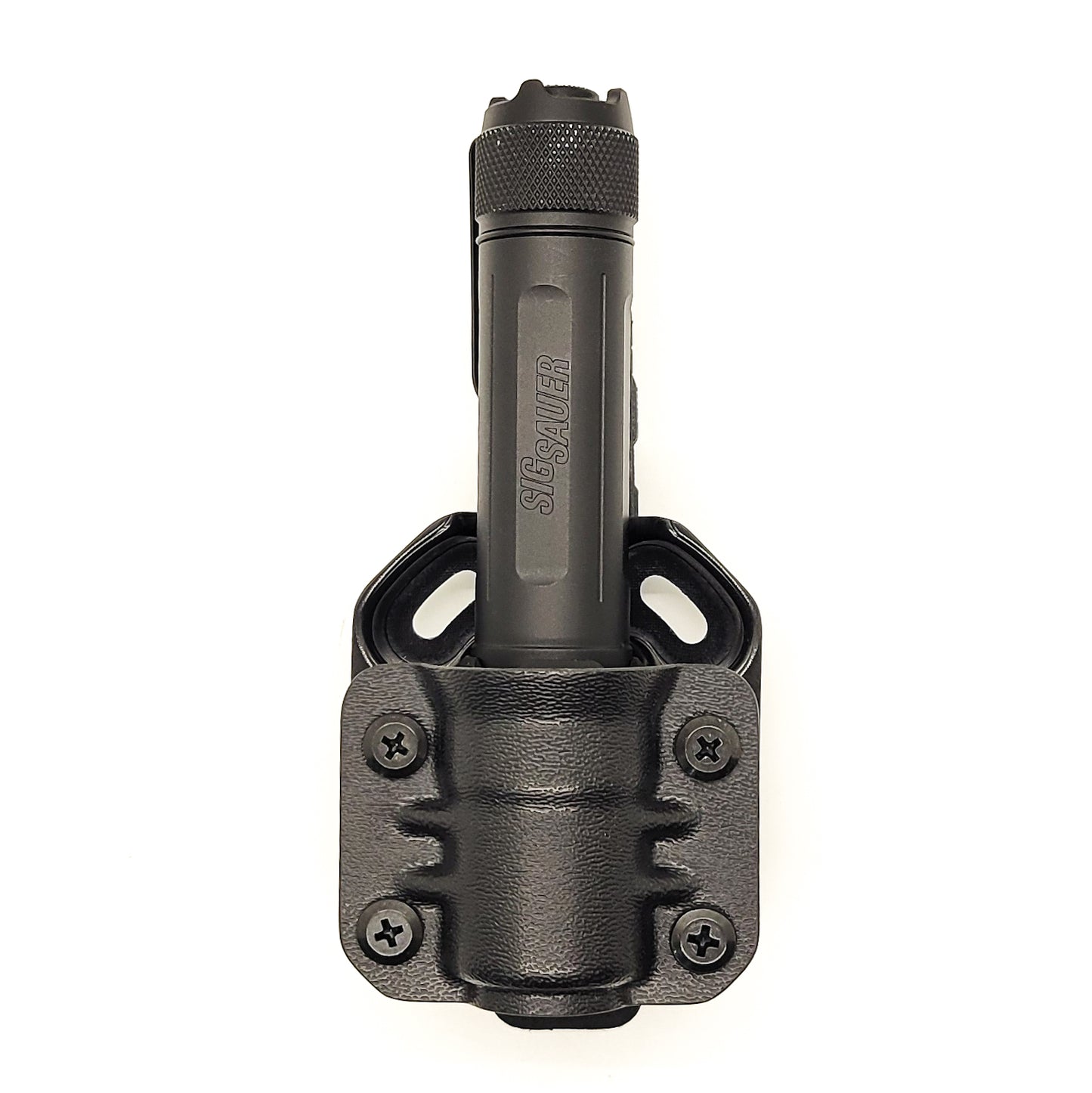 For the best Kydex Outside Waistband & Molle Compatible Sig Sauer Foxtrot-EDC Full Size, Compact & Compact Rose Flashlight Carrier, shop Four Brothers Holsters.