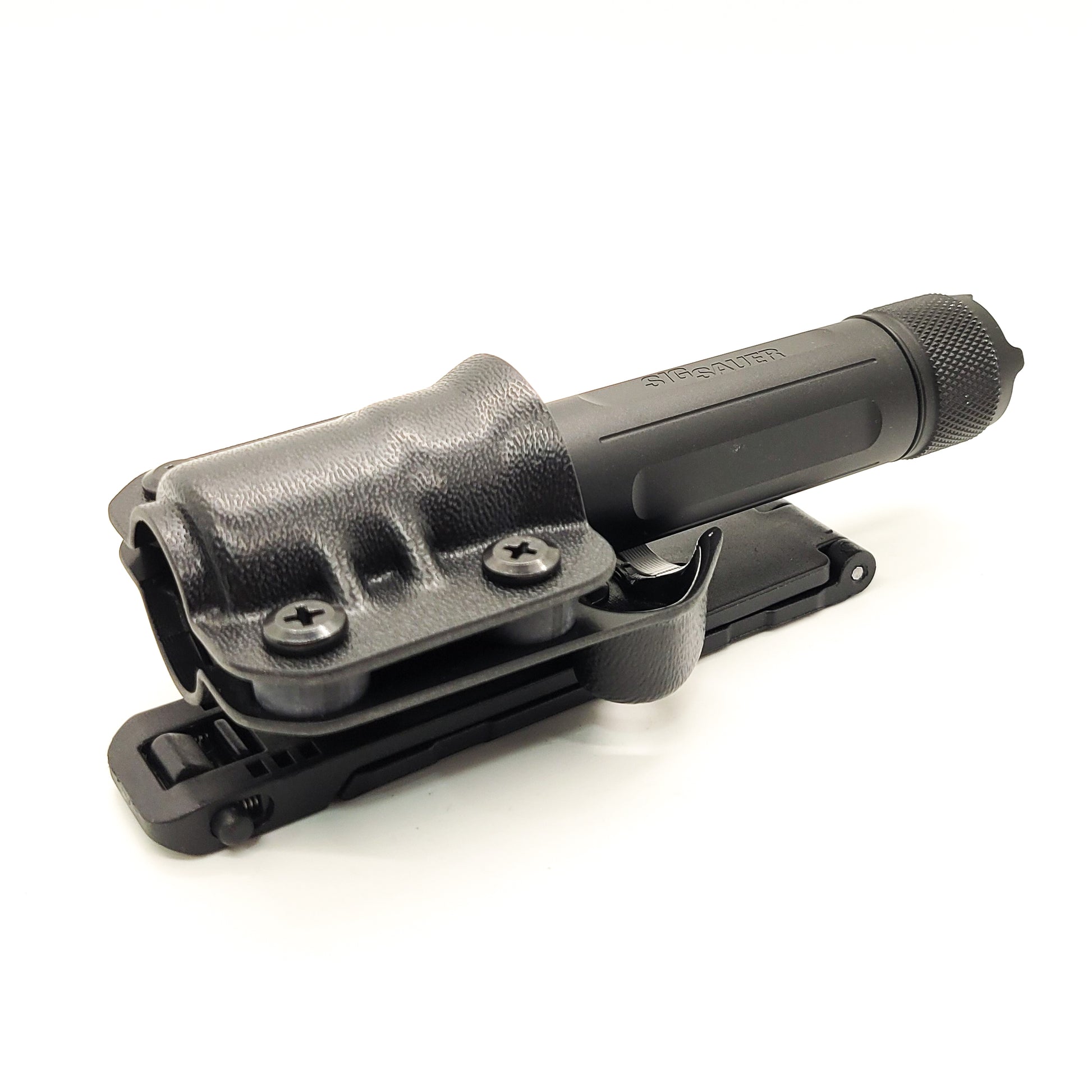 For the best Kydex Outside Waistband & Molle Compatible Sig Sauer Foxtrot-EDC Full Size, Compact & Compact Rose Flashlight Carrier, shop Four Brothers Holsters.