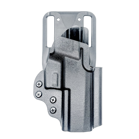 Outside Waistband OWB  P320 Carry pistol & the Align Tactical Thumb Rest Duty & Competition Style Kydex Holster shown in black with a duty drop attachment.