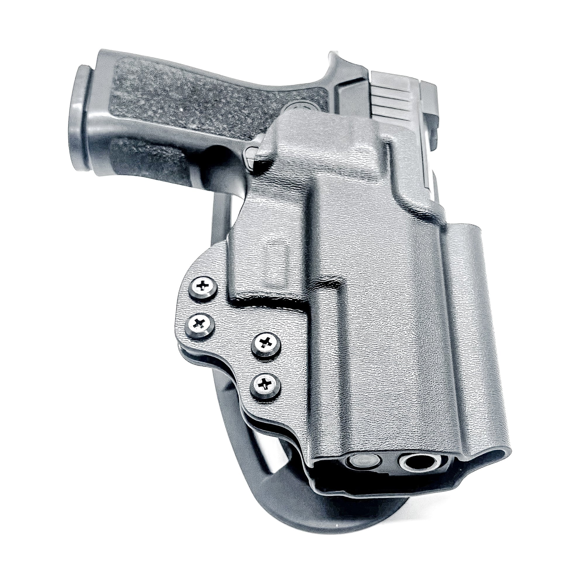 Outside Waistband OWB  P320 Carry pistol & the Align Tactical Thumb Rest Duty & Competition Style Kydex Holster shown in black with a duty drop attachment.
