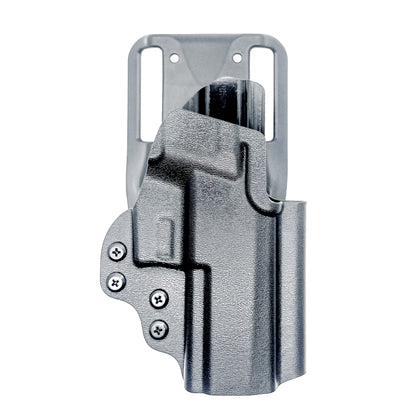 Black Outside Waistband OWB  P320 Carry & M18 pistols with the GoGunsUSA Gas Pedal Duty & Competition Style Kydex Holster with a duty drop attachment.