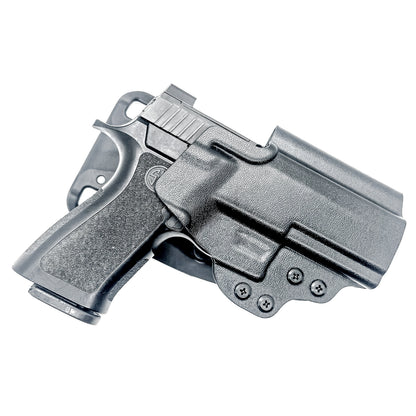 Black Outside Waistband OWB  P320 Carry & M18 pistols with the GoGunsUSA Gas Pedal Duty & Competition Style Kydex Holster with a duty drop attachment.