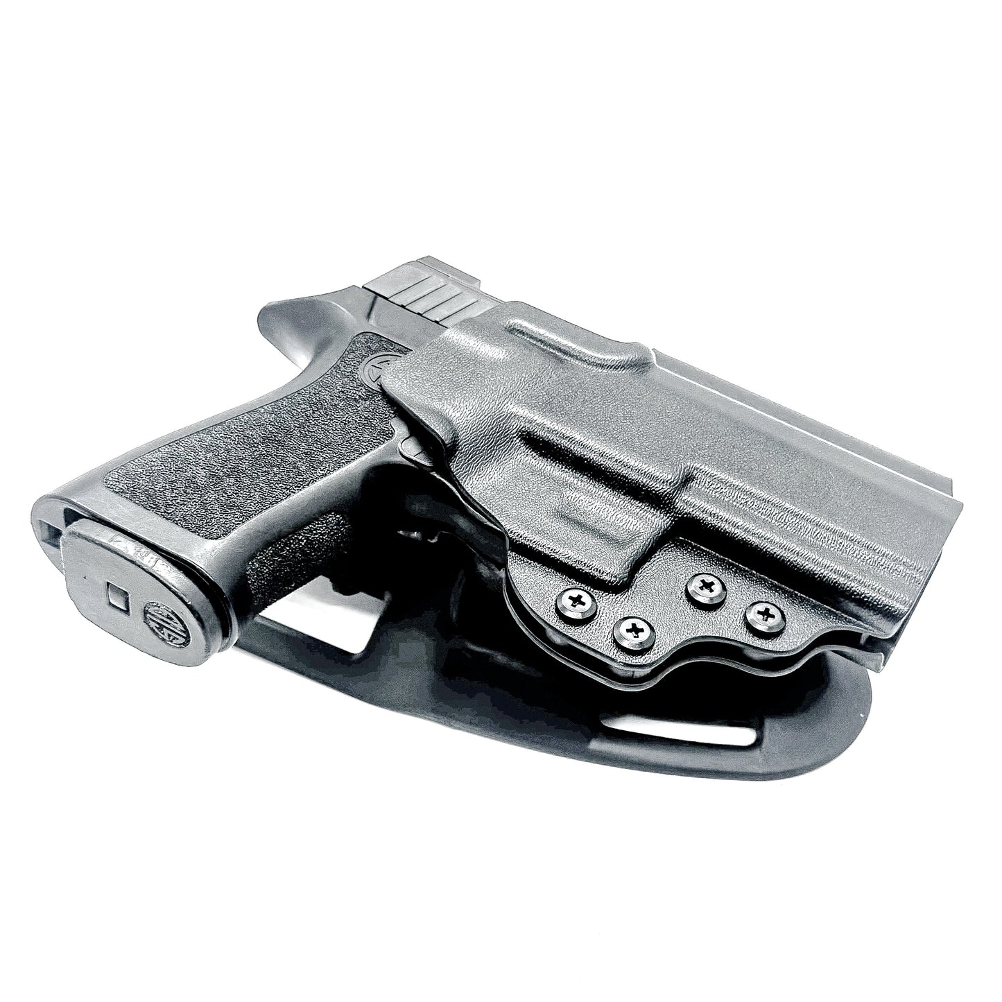 Black Outside Waistband OWB  P320 Carry & M18 pistols with the GoGunsUSA Gas Pedal Duty & Competition Style Kydex Holster with a duty drop attachment.