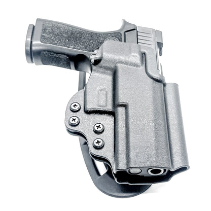 Black Outside Waistband OWB  P320 Carry & M18 pistols with the GoGunsUSA Gas Pedal Duty & Competition Style Kydex Holster with a duty drop attachment.