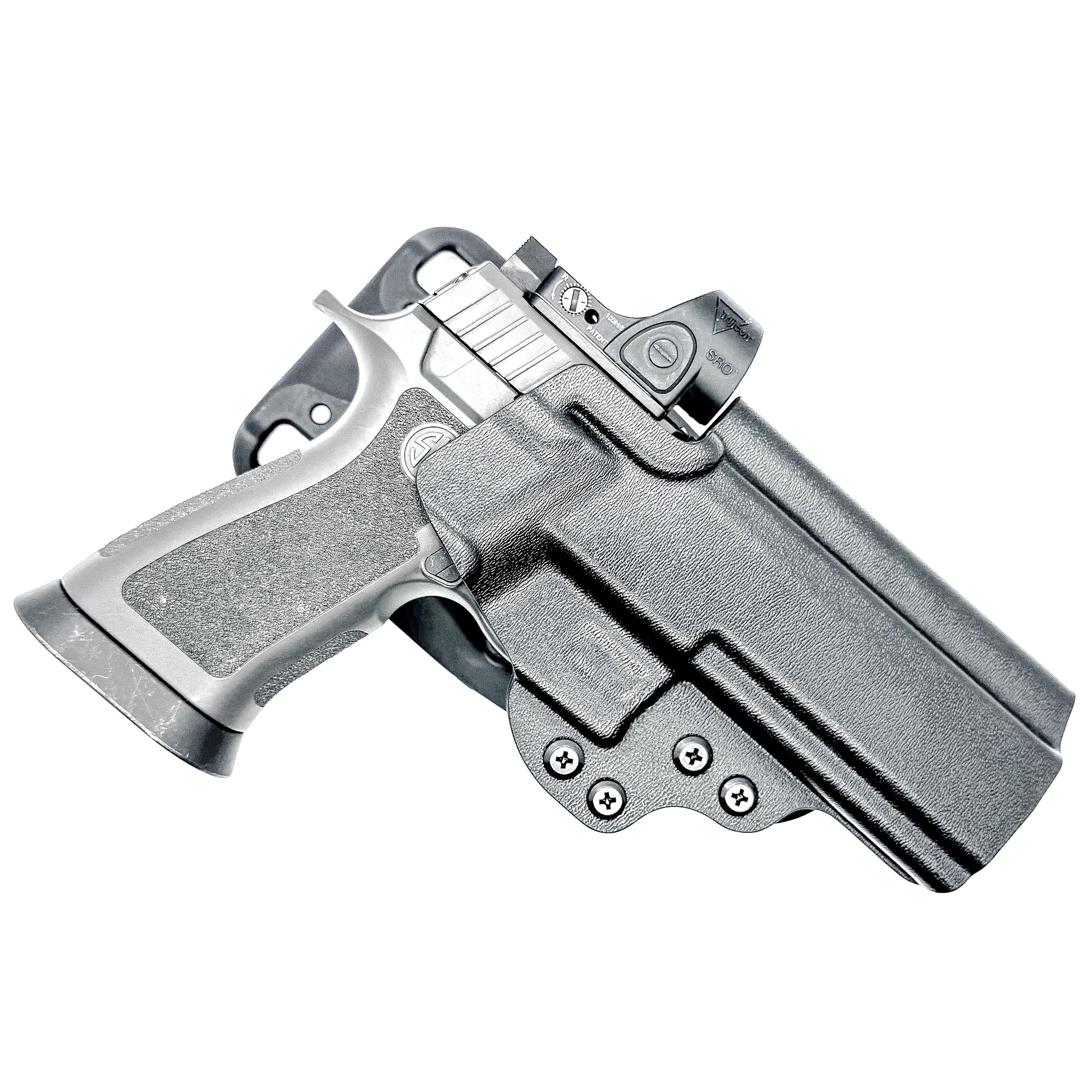 Black Outside Waistband OWB Sig P320 Compact, Carry, M17, M18, and X5 pistols Duty & Competition Style Kydex Holster with Duty Drop Attachment.