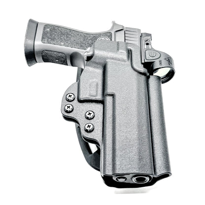 Black Outside Waistband OWB Sig P320 Compact, Carry, M17, M18, and X5 pistols Duty & Competition Style Kydex Holster with Duty Drop Attachment.