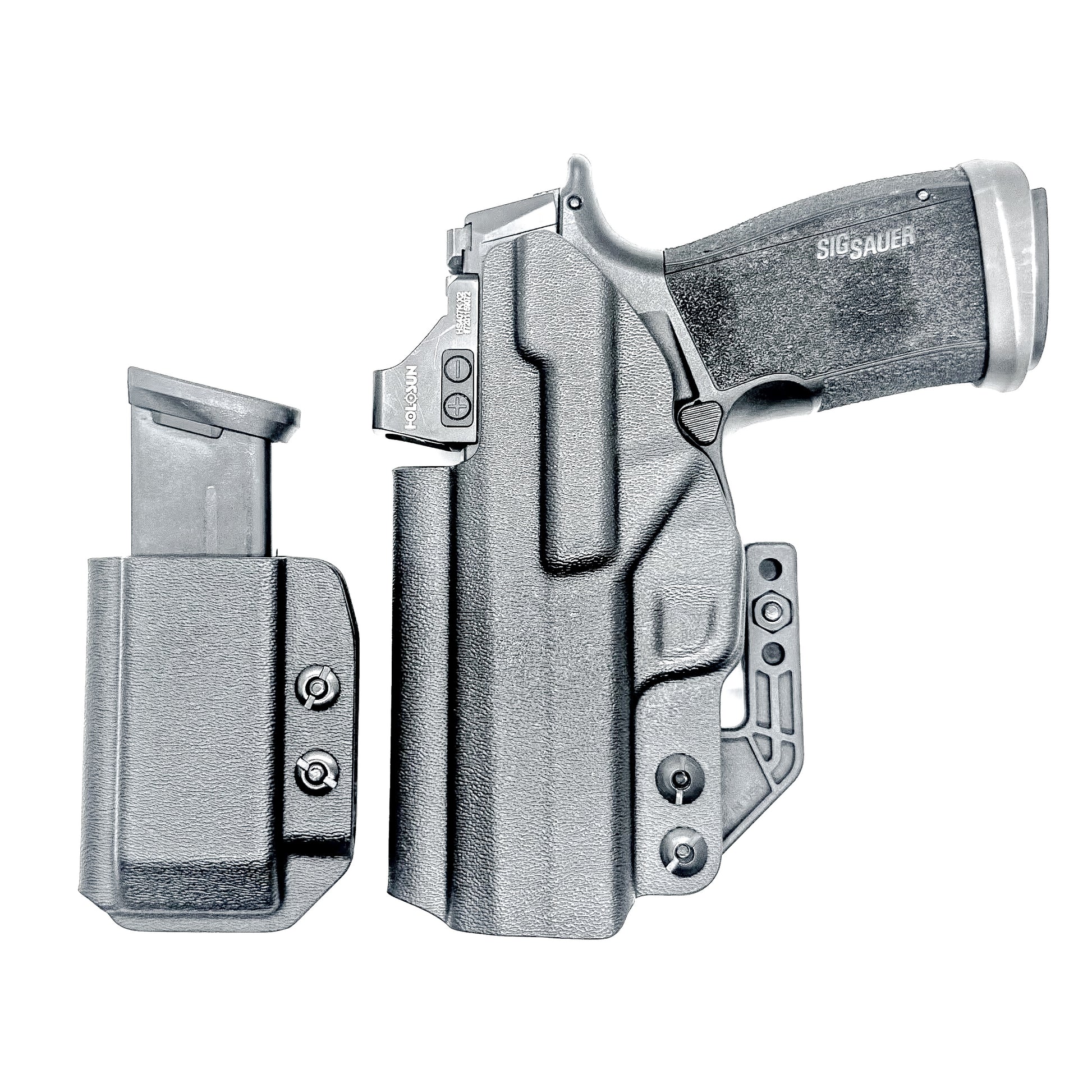 Sig P365-XMACRO IWB right-hand holster and matching magazine carrier in black.