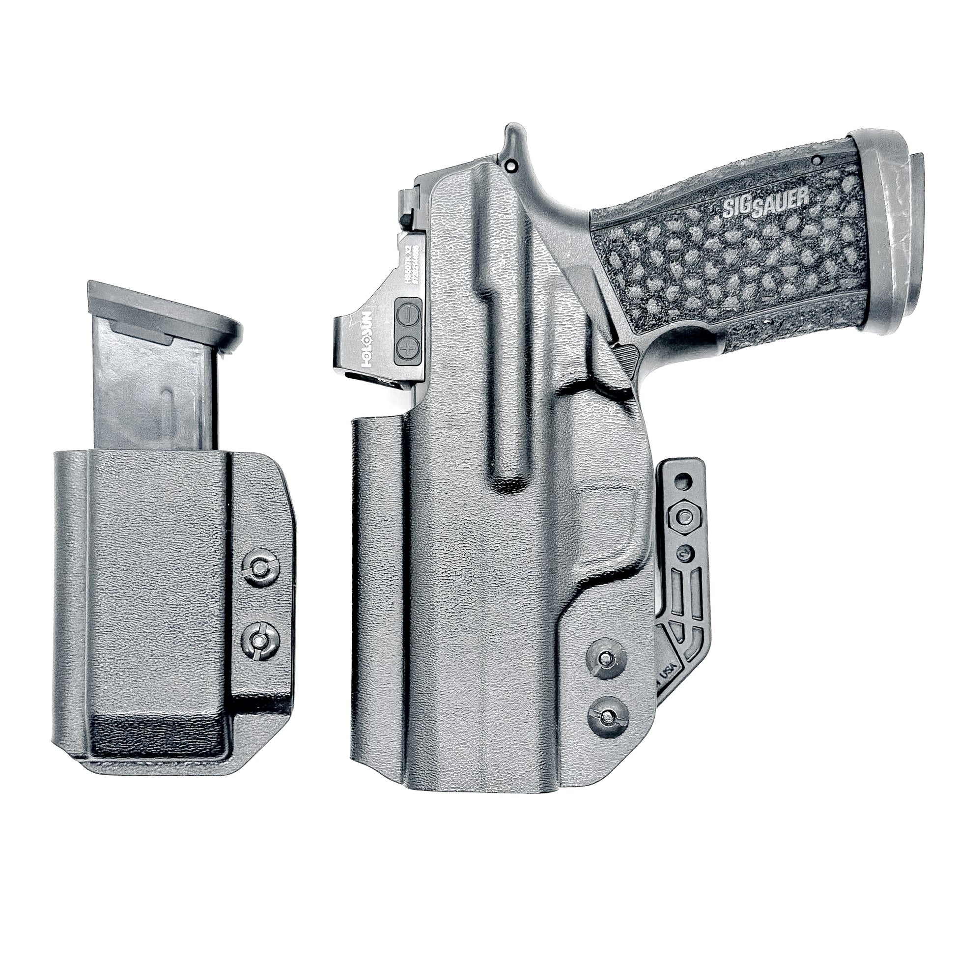 Sig P365-XMACRO IWB right-hand holster and matching magazine carrier in black.