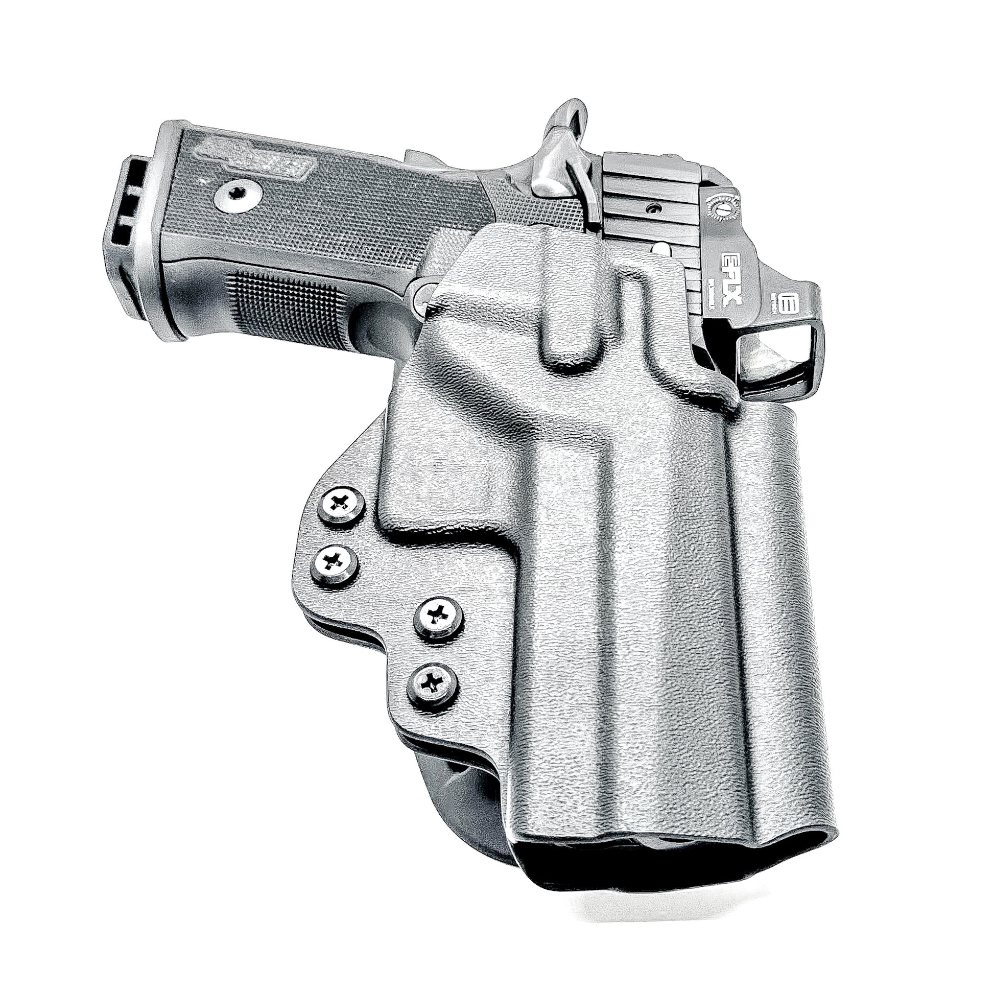 Black Sig Sauer P211 GT4 outside waistband OWB light duty & competition holster with .093" thermoplastic, secure retention, and smooth draws. Shown with duty drop attachment.  Proudly made in the USA.