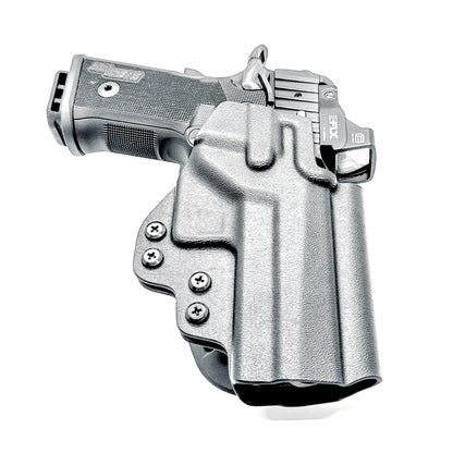 Black Sig Sauer P211 GT4 outside waistband OWB light duty & competition holster with .093" thermoplastic, secure retention, and smooth draws. Shown with duty drop attachment.  Proudly made in the USA.