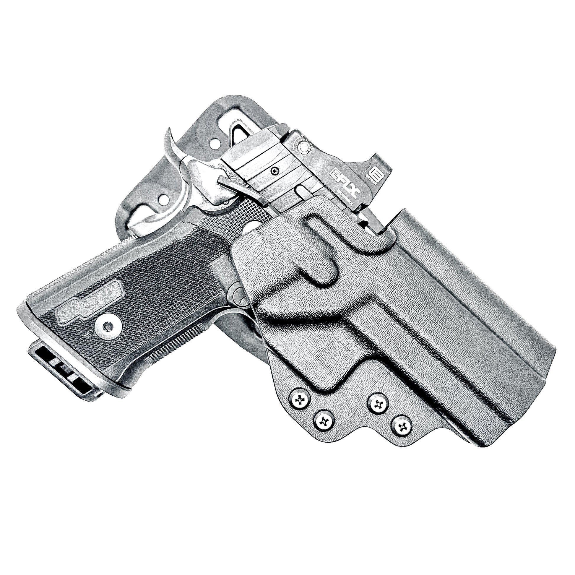 Black Sig Sauer P211 GT4 outside waistband OWB light duty & competition holster with .093" thermoplastic, secure retention, and smooth draws. Shown with duty drop attachment.  Proudly made in the USA.