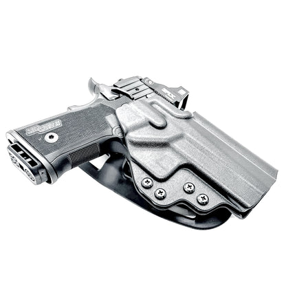Black Sig Sauer P211 GT4 outside waistband OWB light duty & competition holster with .093" thermoplastic, secure retention, and smooth draws. Shown with duty drop attachment.  Proudly made in the USA.