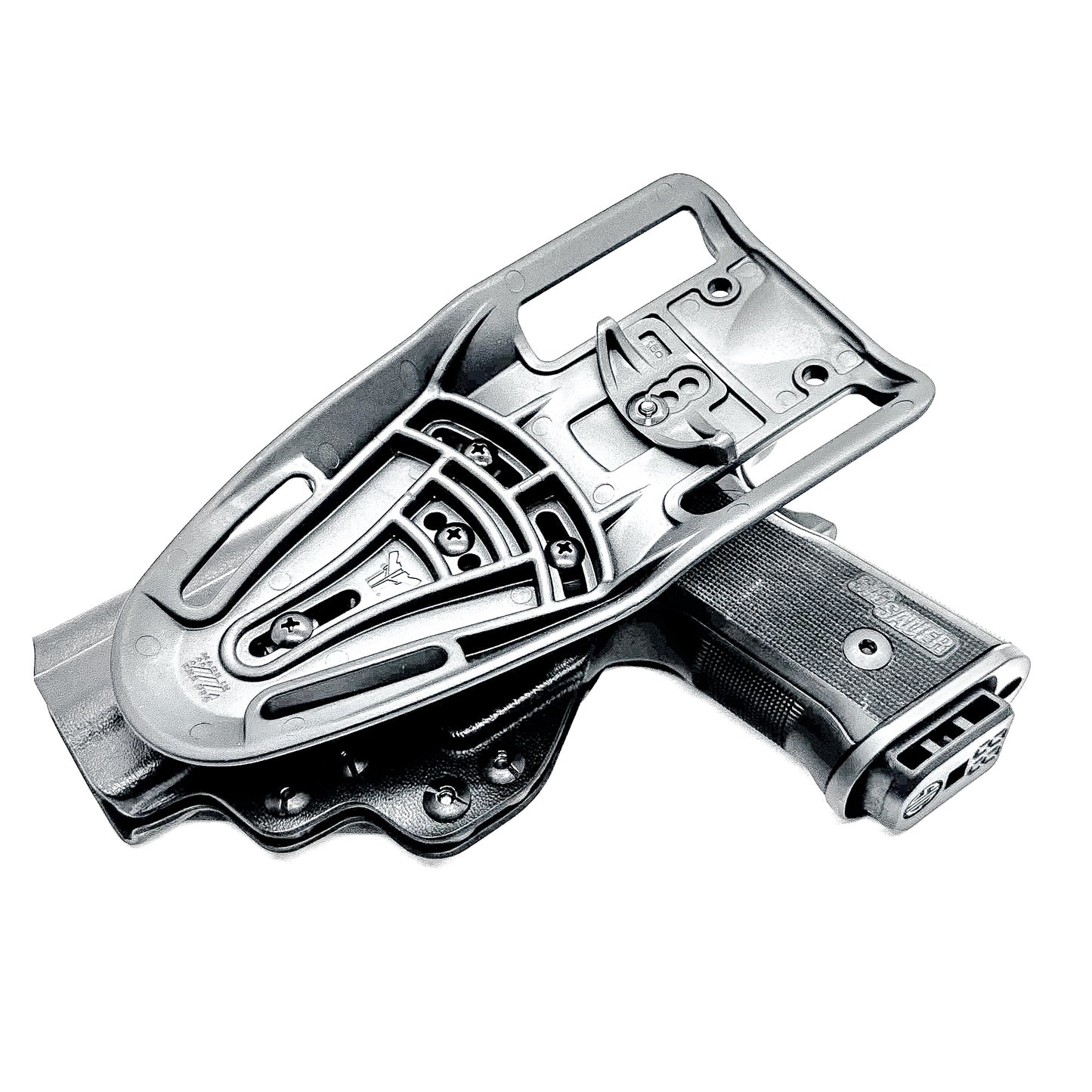 Black Sig Sauer P211 GT4 outside waistband OWB light duty & competition holster with .093" thermoplastic, secure retention, and smooth draws. Shown with duty drop attachment.  Proudly made in the USA.