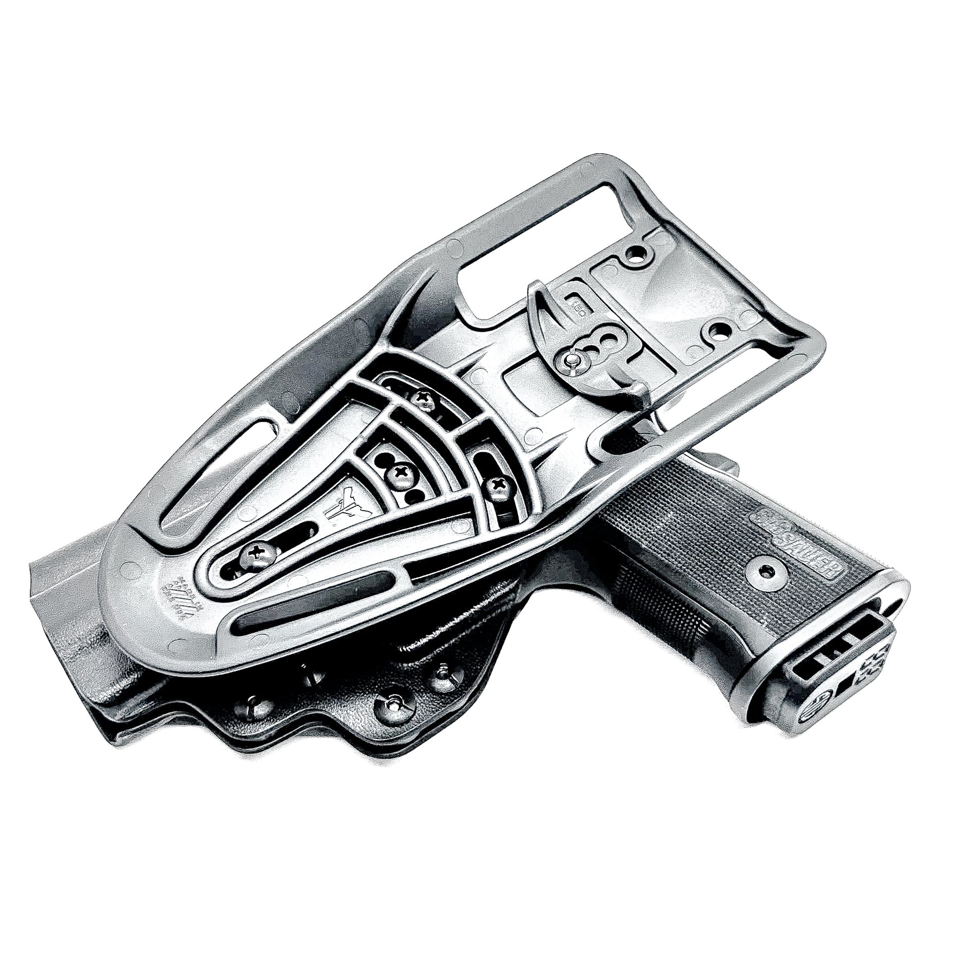 Black Sig Sauer P211 GT4 outside waistband OWB light duty & competition holster with .093" thermoplastic, secure retention, and smooth draws. Shown with duty drop attachment.  Proudly made in the USA.