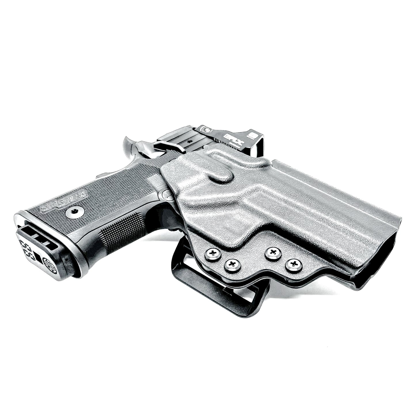 Sig Sauer P211 GT4 OWB Kydex holster with precision-molded fit, adjustable retention, and tough .093" construction. Comfortable carry. Made in the USA. Shown in black with the 4BROS 1.5" Belt Slide.