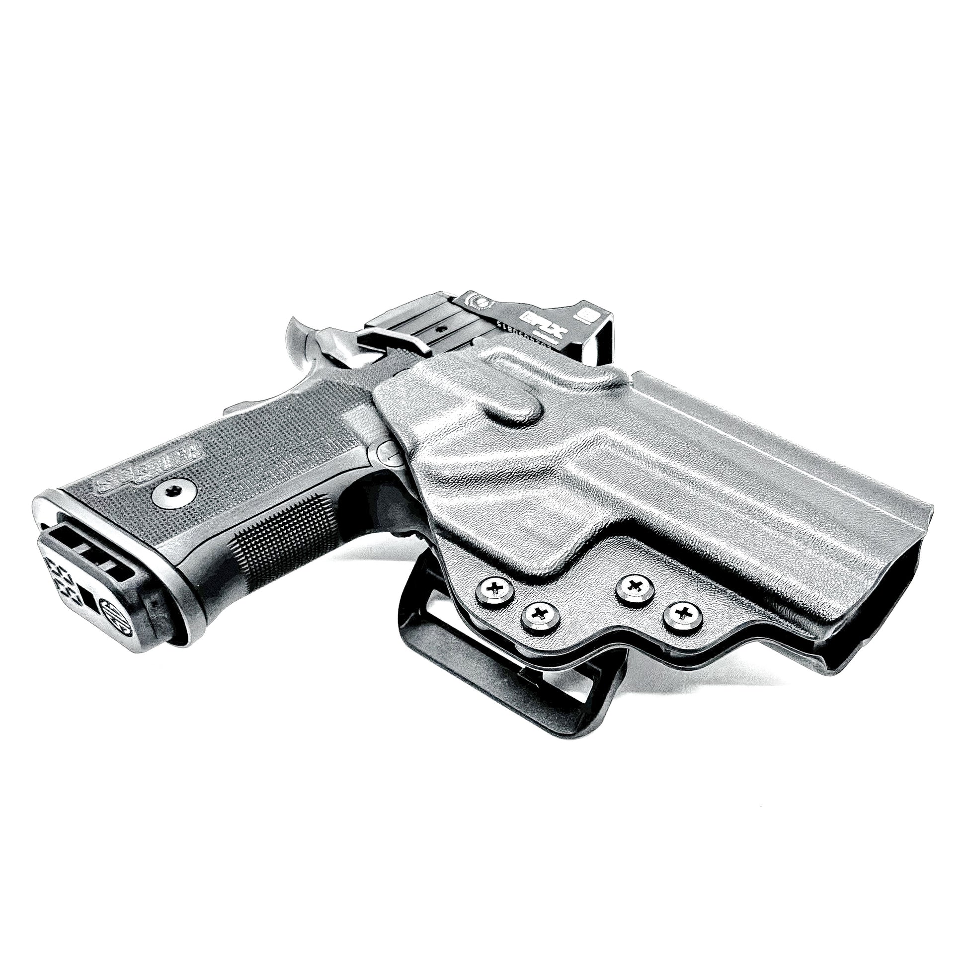 Sig Sauer P211 GT4 OWB Kydex holster with precision-molded fit, adjustable retention, and tough .093" construction. Comfortable carry. Made in the USA. Shown in black with the 4BROS 1.5" Belt Slide.
